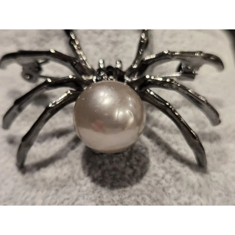 Gunmetal Spider Pendant Brooch Faux Silver Pearl Body & Black Rhinestone 2x1.75" - Picture 9 of 13